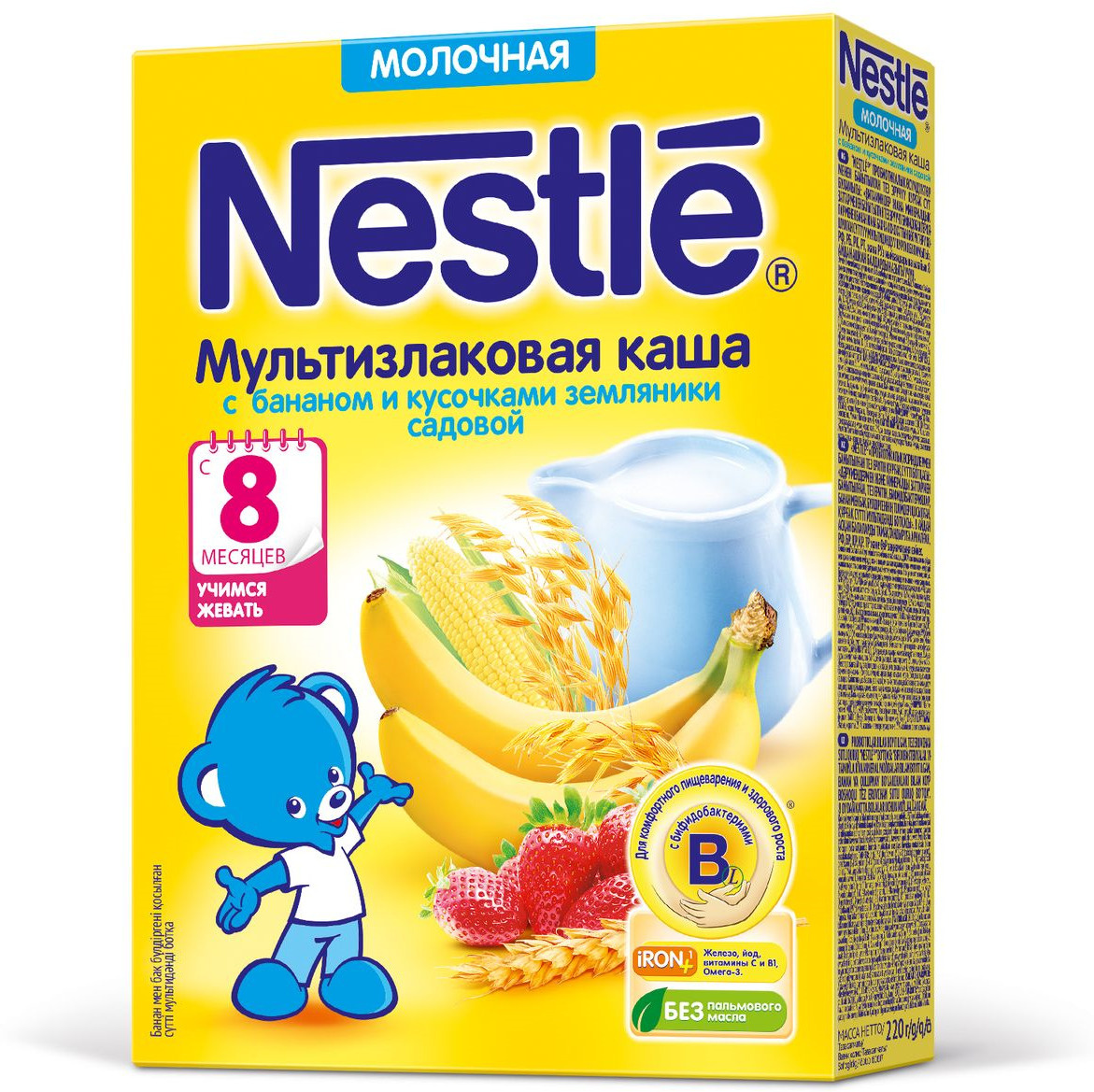 Nestle каша молочная мультизлаковая банан и кусочки земляники с 8мес 220г Nestle каша молочная мультизлаковая банан и кусочки земляники с 8мес 220г