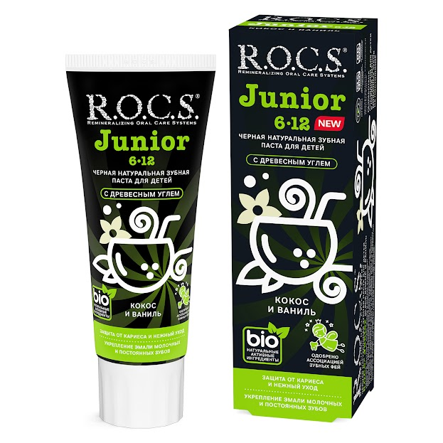 Rocs junior зуб паста черная кокос и ваниль от 6-12 лет 74мл